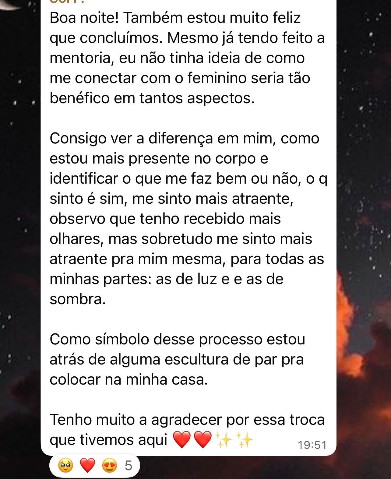 Depoimento com fotos de presentes e relato sobre a mentoria