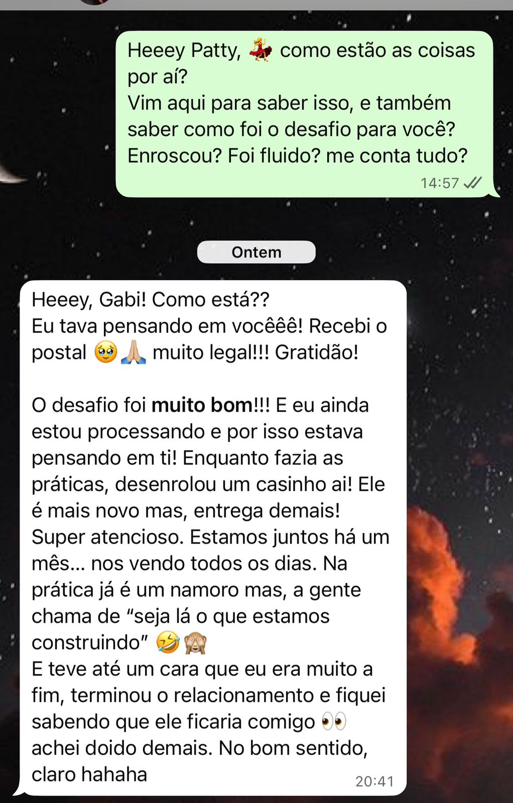 Depoimento com registro de jantar preparado e mensagem carinhosa